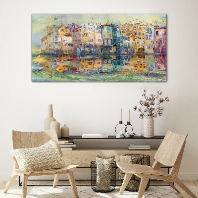 Glasbild Eine bunte Stadt am Wasser