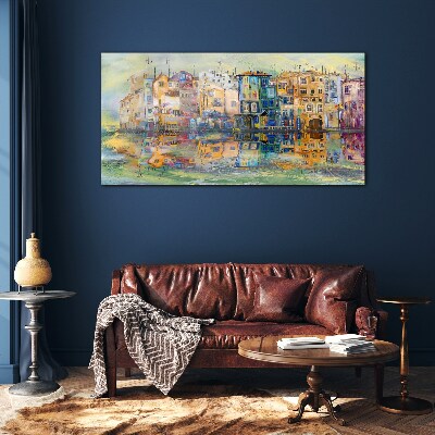Glasbild Eine bunte Stadt am Wasser