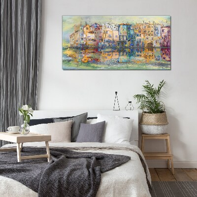 Glasbild Eine bunte Stadt am Wasser
