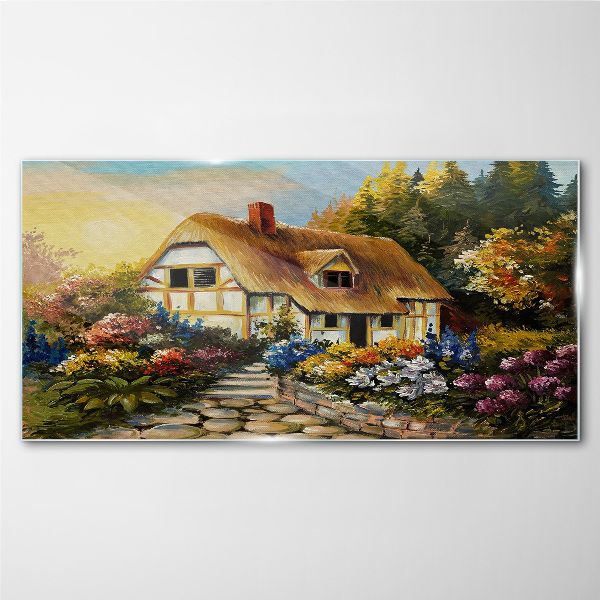 Glasbild Ein charmantes Landhaus in Blumen