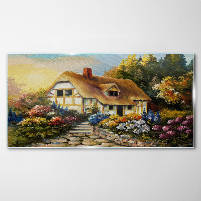 Glasbild Ein charmantes Landhaus in Blumen