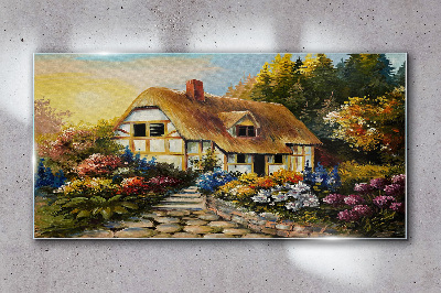 Glasbild Blumen Bäume Hüttendorf