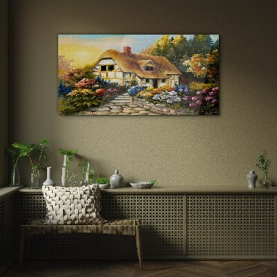 Glasbild Ein charmantes Landhaus in Blumen