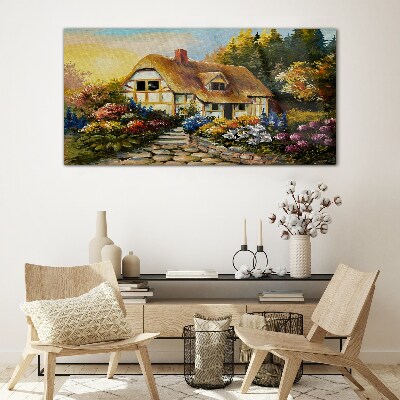 Glasbild Ein charmantes Landhaus in Blumen