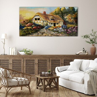 Glasbild Ein charmantes Landhaus in Blumen