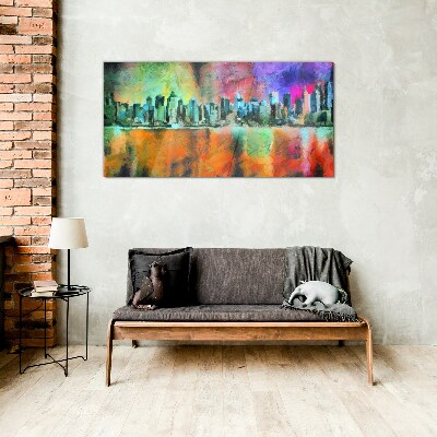 Glasbild Farbenfrohe Skyline-Landschaft