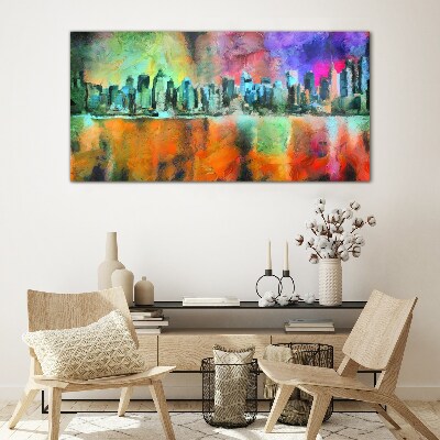 Glasbild Farbenfrohe Skyline-Landschaft