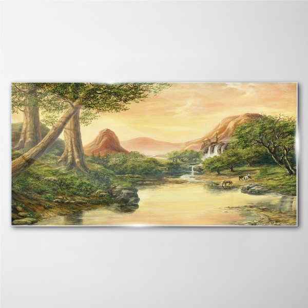 Glas bild Eine friedliche Landschaft mit einem Fluss und Bäumen