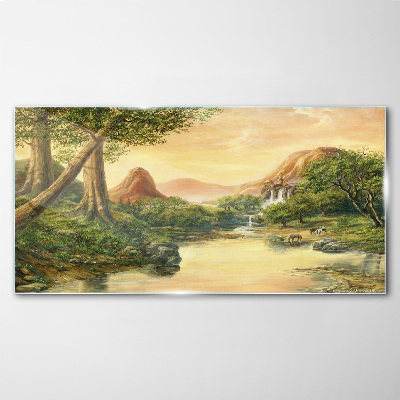 Glas bild Eine friedliche Landschaft mit einem Fluss und Bäumen