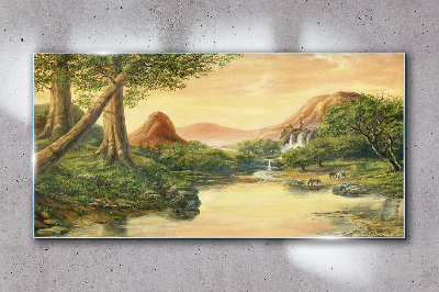 Glas bild Eine friedliche Landschaft mit einem Fluss und Bäumen
