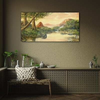 Glas bild Eine friedliche Landschaft mit einem Fluss und Bäumen