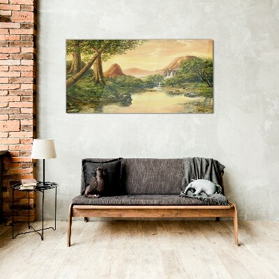 Glas bild Eine friedliche Landschaft mit einem Fluss und Bäumen