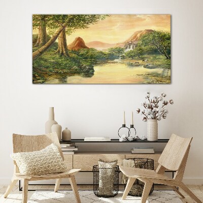 Glas bild Eine friedliche Landschaft mit einem Fluss und Bäumen