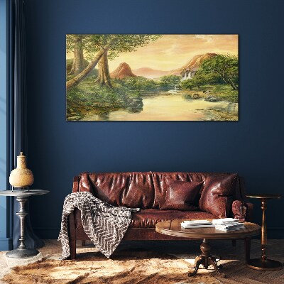 Glas bild Eine friedliche Landschaft mit einem Fluss und Bäumen