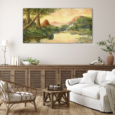 Glas bild Eine friedliche Landschaft mit einem Fluss und Bäumen