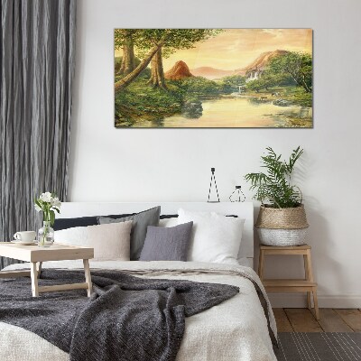 Glas bild Eine friedliche Landschaft mit einem Fluss und Bäumen