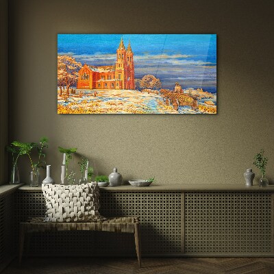 Glasbild Winterlandschaft mit Kirche