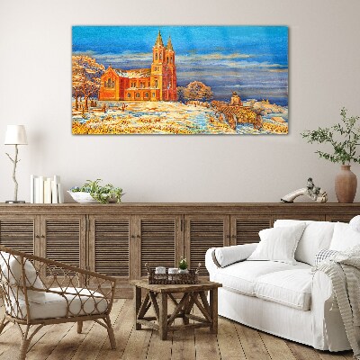 Glasbild Winterlandschaft mit Kirche