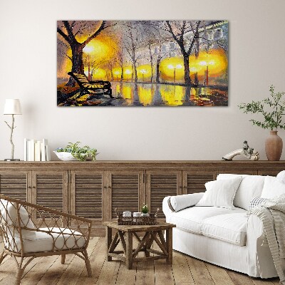 Glasbild Goldene Lichter im Park
