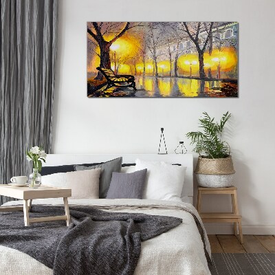 Glasbild Goldene Lichter im Park