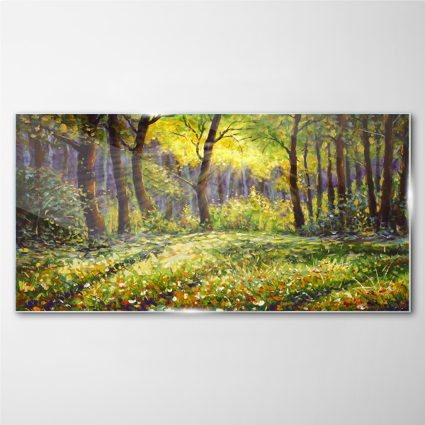 Bild auf glas Goldenes Licht im Waldhain