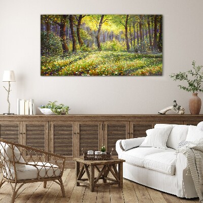 Bild auf glas Goldenes Licht im Waldhain