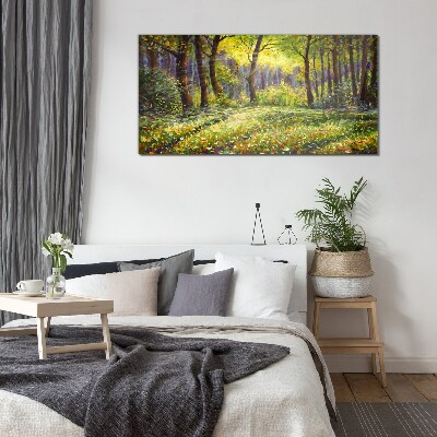 Bild auf glas Goldenes Licht im Waldhain