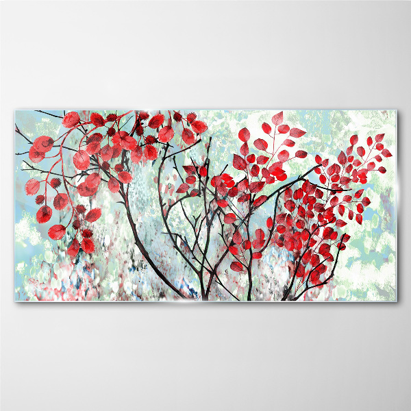 Glasbild Rote Blätter auf blauem Hintergrund