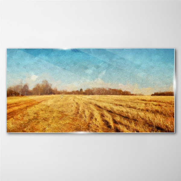 Glasbild Goldene Felder unter blauem Himmel