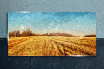 Glasbild Goldene Felder unter blauem Himmel