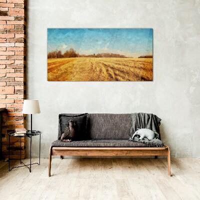 Glasbild Goldene Felder unter blauem Himmel