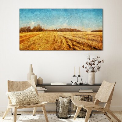 Glasbild Goldene Felder unter blauem Himmel