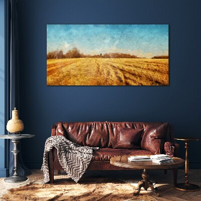 Glasbild Goldene Felder unter blauem Himmel
