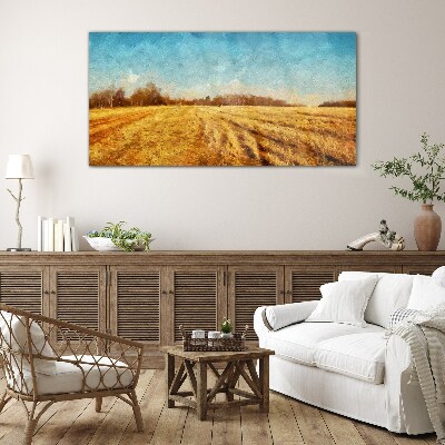 Glasbild Goldene Felder unter blauem Himmel