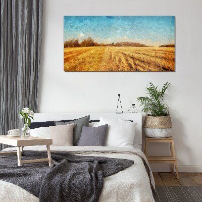 Glasbild Goldene Felder unter blauem Himmel