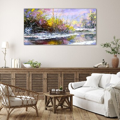 Bild auf glas drucken Winterlandschaft mit einem Fluss