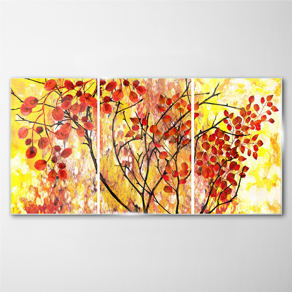 Glasbild Herbstblätter auf gelbem Hintergrund