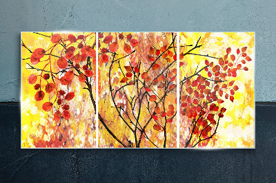 Glasbild Herbstblätter auf gelbem Hintergrund