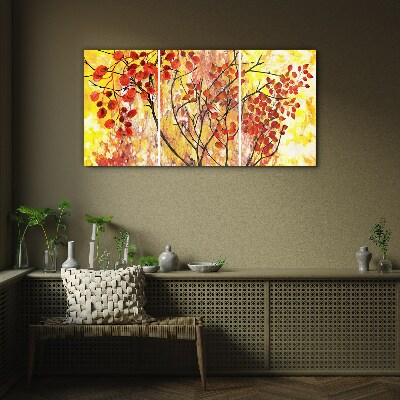 Glasbild Herbstblätter auf gelbem Hintergrund