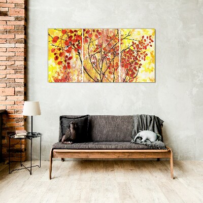 Glasbild Herbstblätter auf gelbem Hintergrund