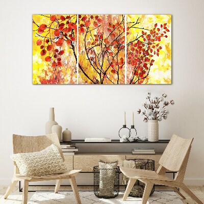 Glasbild Herbstblätter auf gelbem Hintergrund