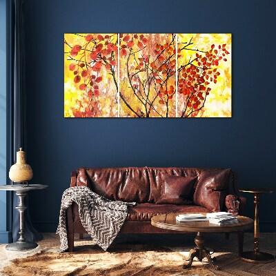 Glasbild Herbstblätter auf gelbem Hintergrund