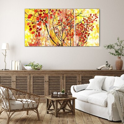 Glasbild Herbstblätter auf gelbem Hintergrund