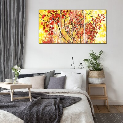 Glasbild Herbstblätter auf gelbem Hintergrund