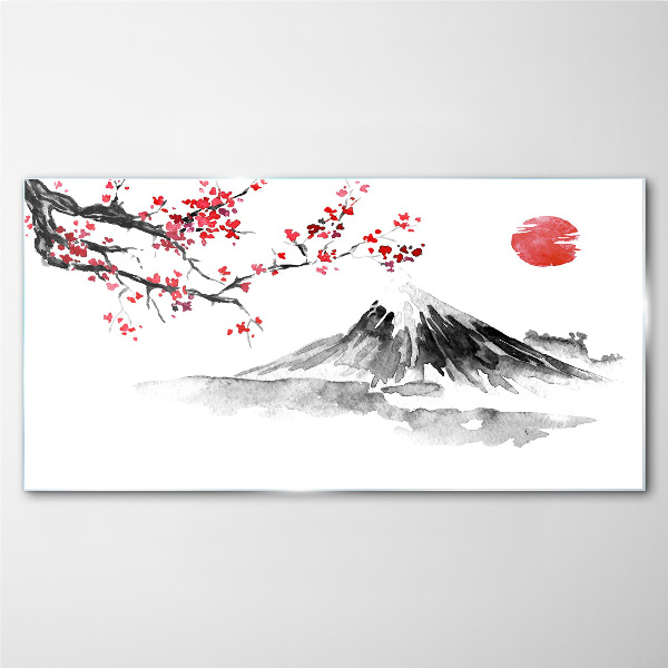 Glasbild Kirschblüten und Berglandschaft
