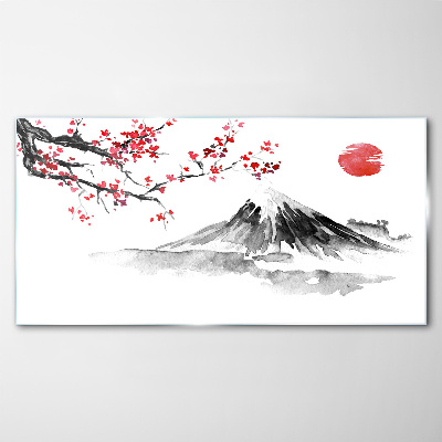Glasbild Kirschblüten und Berglandschaft