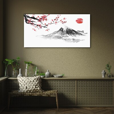 Glasbild Kirschblüten und Berglandschaft