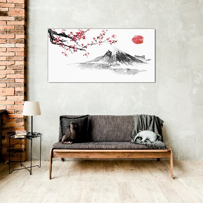Glasbild Kirschblüten und Berglandschaft