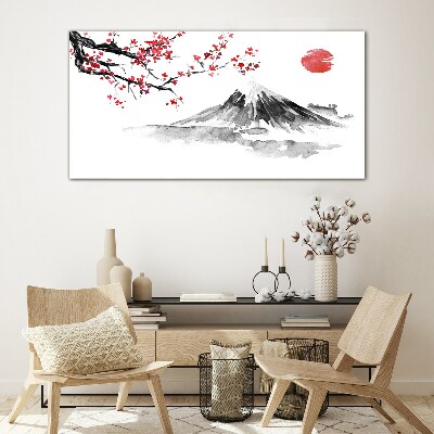 Glasbild Kirschblüten und Berglandschaft