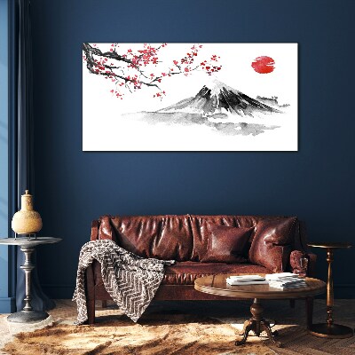Glasbild Kirschblüten und Berglandschaft